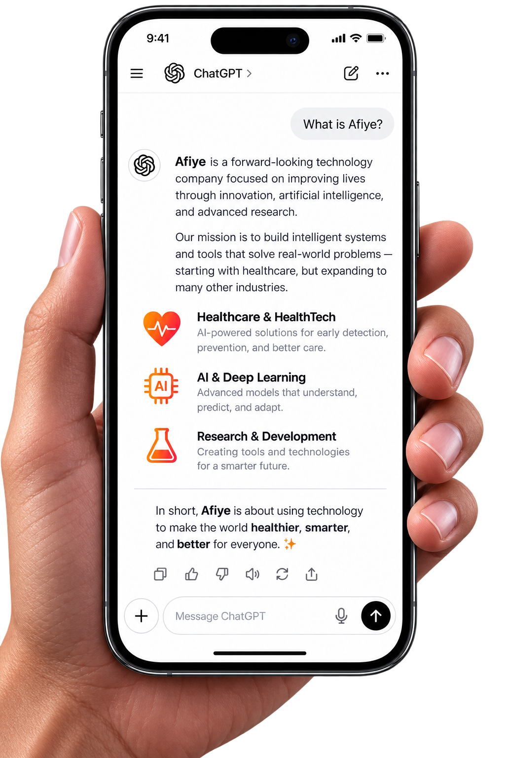 A phone showing an explanation of what Afiye does
